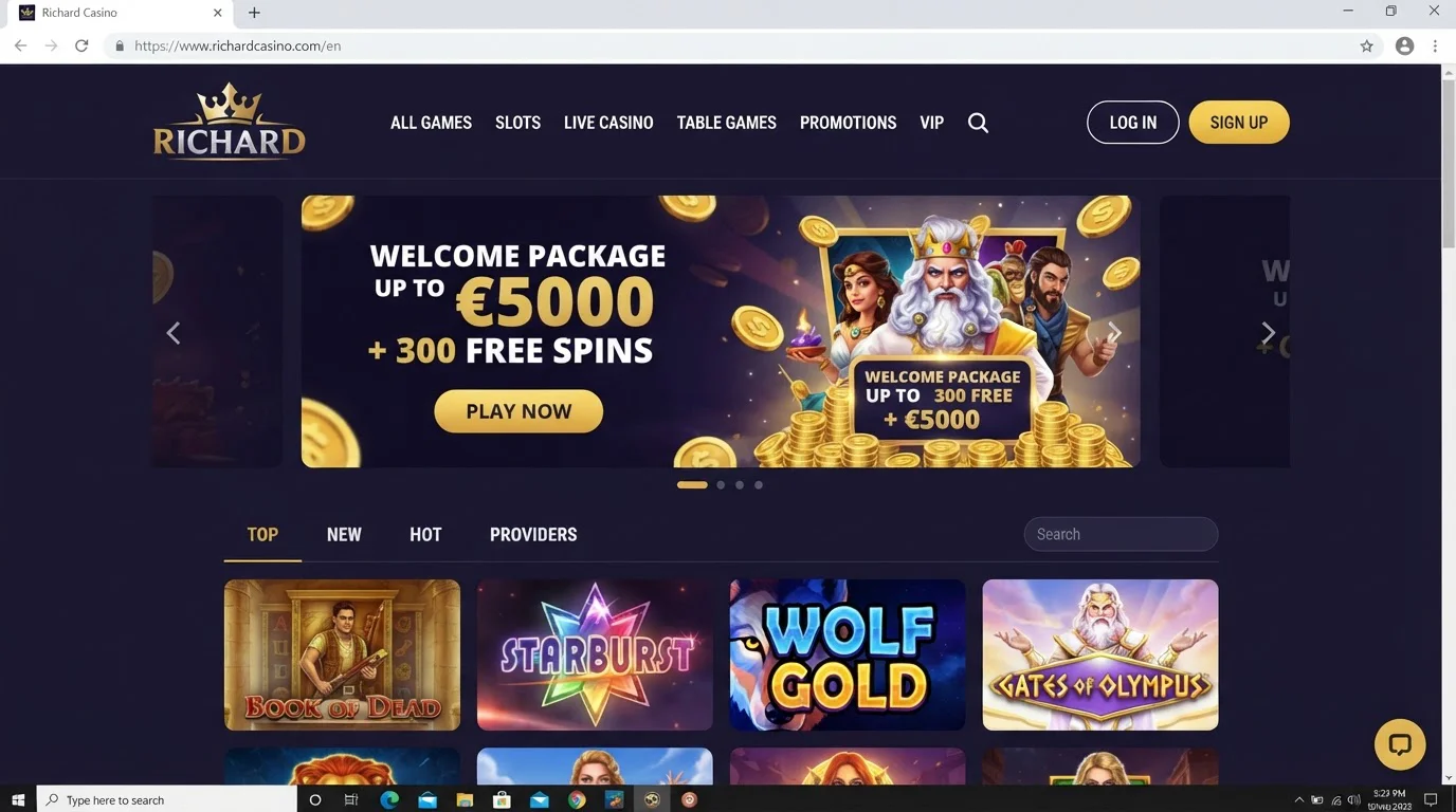 Current Richard Casino homepage and main navigation
